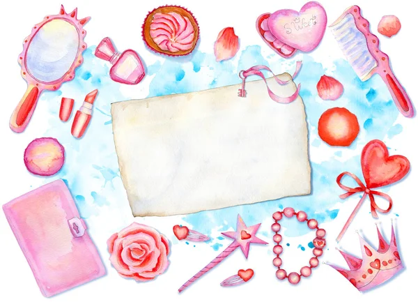 Watercolor composition with little princess accessories on blue splattered background and sheet of paper — Stock Photo, Image