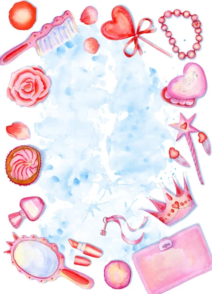 Watercolor vertical frame composition with little princess accessories on blue splattered background — Stock Photo, Image