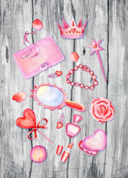 Mooie aquarel verticale flatlay compositie met kleine prinses accessoires op houten achtergrond — Stockfoto