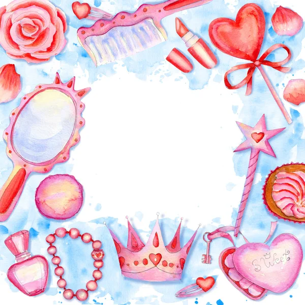 Watercolor square frame composition with little princess accessories on blue splattered background — Stock Photo, Image