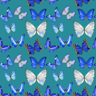 Mavi üzerinde kelebekler olan el yapımı sulu boya deseni.