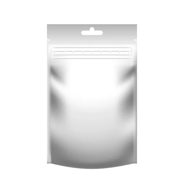 Realista bolsa blanca en blanco doypack con cierre de cremallera — Vector de stock