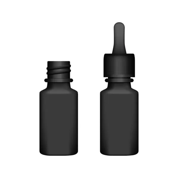 Realista botella de plástico negro con gotero sobre fondo blanco — Vector de stock