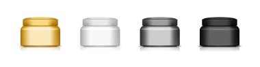 İzole edilmiş üç boyutlu krema kavanozu maketleri. Siyah, beyaz, gümüş, altın. Paket tasarımı için vektör illüstrasyonu. Moda, kozmetik ve hijyen ürünleri için boş paket şablonu