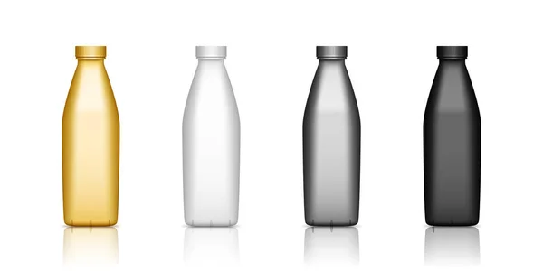 Set Med Realistiska Isolerade Mjölkflaskor Mockup Svart Vit Silver Guld — Stock vektor