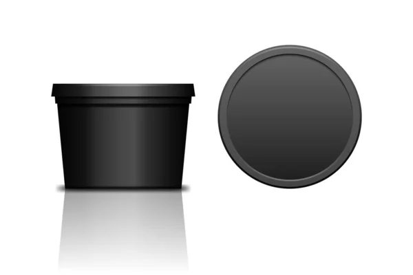 简单的黑色现实塑料化妆品罐 用于面霜的身体 孤立的矢量图解 有帽子的圆形瓶子 包装模型模板的正上方视图 — 图库矢量图片
