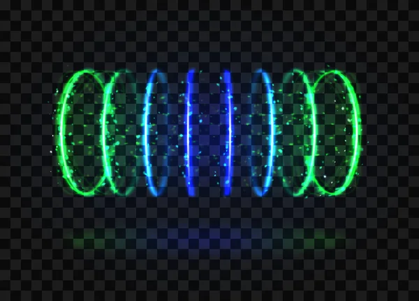 Horizontální zelený a modrý tunel energetických neonových kruhů se světelnými efekty — Stockový vektor