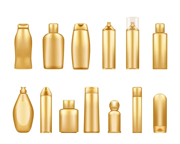 Złote makiety butelek kosmetycznych izolowane na białym tle — Wektor stockowy