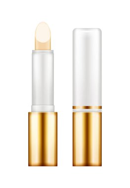 Gerçekçi parlak altın ruj tüpü kapaklı beyaz arka planda izole edilmiş.