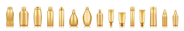 Botellas cosméticas de oro maquetas sobre fondo blanco — Vector de stock