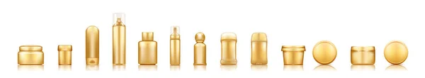 Złote kosmetyki na białym tle: balsam, krem, dezodorant, lakier do włosów — Wektor stockowy
