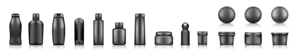 Black cosmetic bottles mockups on white background: lotion, cream, shampoo, shower gel — Stock Vector
