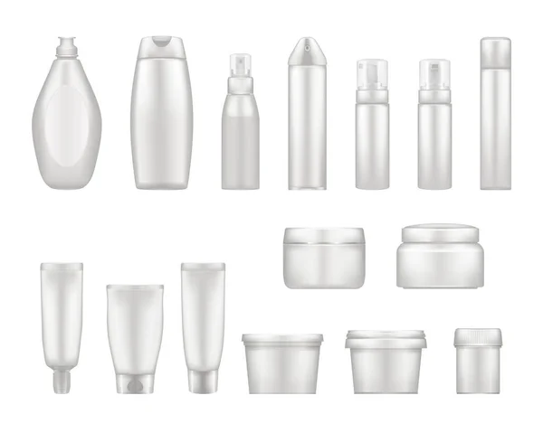 Botellas cosméticas blancas mockups aisladas de fondo: gel de ducha, champú, loción, crema, spray — Vector de stock