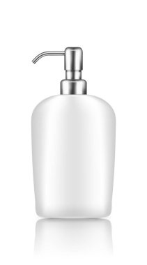 Beyaz arkaplandaki gümüş kapaklı pompa modeli: losyon, dezenfektan, dezenfektan, dezenfektan