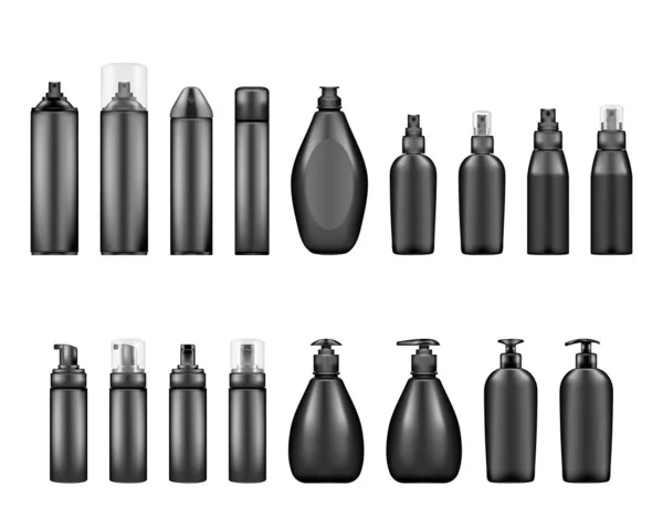 Botellas cosméticas negras maquetas: champú, loción, spray, gel, espuma de afeitar — Vector de stock