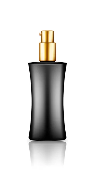 Чорна пляшка насоса реалістичний макет із золотою кришкою: лосьйон, дезінфікуючий засіб, крем, дезінфікуючий засіб — стоковий вектор