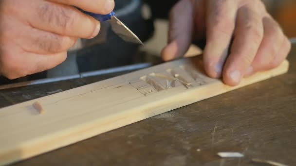 Mtsensk, Ryssland. 20 Dec 2016. Ledare - Nike konstnärliga wood carving, närbild, verktyg, Gammal man, Santa Claus carving nära upp, konstnärliga träsnideri . — Stockvideo