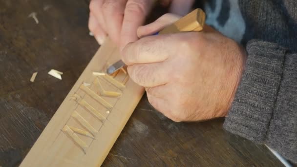 Mtsensk, Russia. 20 Dec 2016. Editorial - Nike artistic wood carving , closeup, tool, old man, Santa Claus carving close up , artistic wood carving . — Stock Video