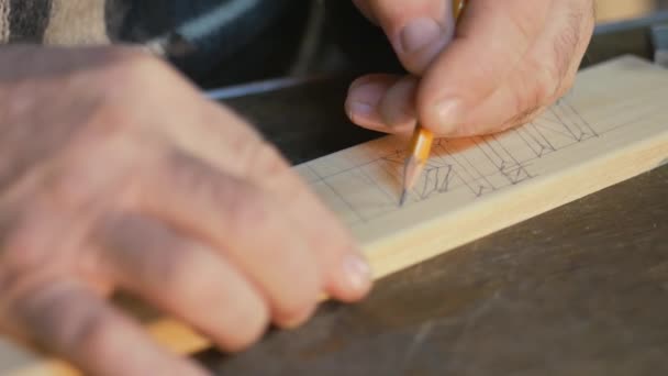 Tallado artístico en madera, primer plano, herramienta de tallado de herramientas de cerca, tallado artístico en madera — Vídeos de Stock