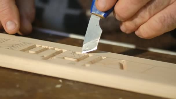 Tallado artístico en madera, primer plano, herramienta de tallado de herramientas de cerca, tallado artístico en madera — Vídeos de Stock