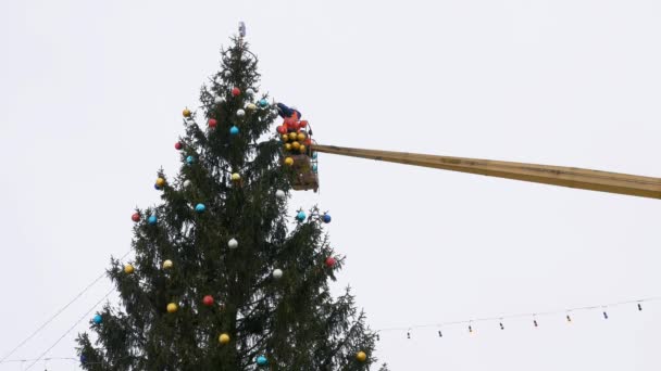 O trabalhador no berço do manipulador decora a árvore de Natal — Vídeo de Stock