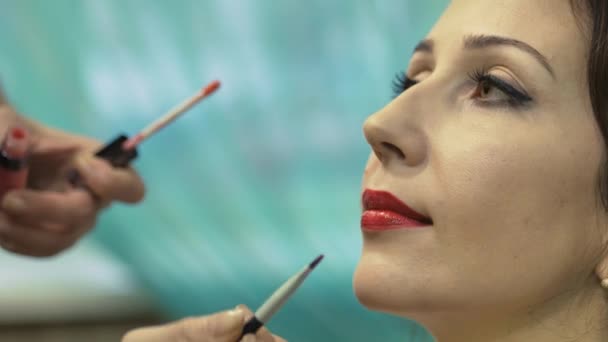 Visagist doen een modellen make-up op de salon — Stockvideo