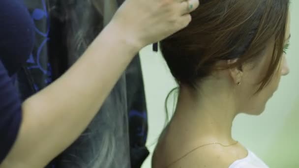 Cabeleireiro usando alisador no cabelo da mulher bonita no salão de cabeleireiro — Vídeo de Stock
