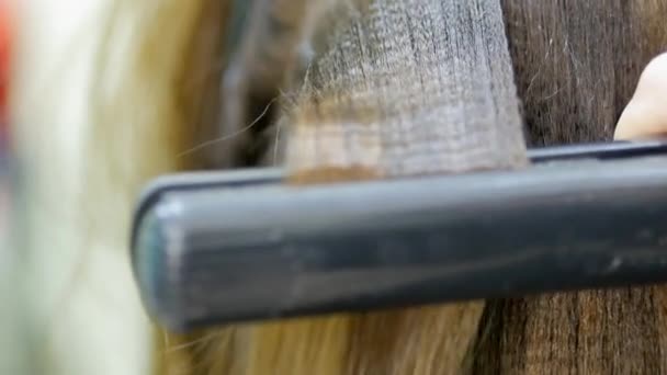 Friseur mit Glätteisen auf schöne Frau Haar im Friseursalon. Eisstockschießen — Stockvideo