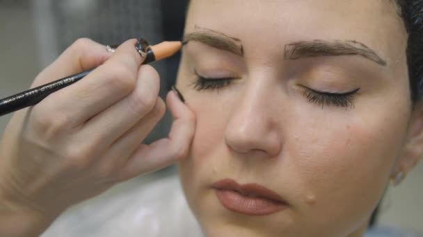 Jeune femme avec des cheveux dans la peinture, pour le maquillage des sourcils assis du maître fabricant d'image salon de beauté ultra HD — Video