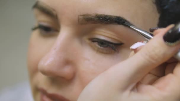 Mujer joven con el pelo en la pintura, para el maquillaje de cejas sentado desde el maestro fabricante de imágenes salón de belleza ultra HD — Vídeos de Stock