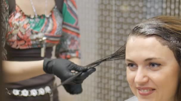 Barber. Colorante de pelo profesional un peluquero . — Vídeos de Stock