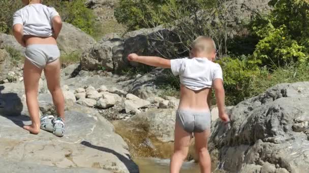 Dos hermanos, niños pequeños caminan descalzos en el arroyo de la montaña . — Vídeos de Stock