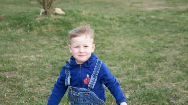 Der kleine Junge rennt vor die Kamera und konstruiert glückliche Gesichter — Stockvideo