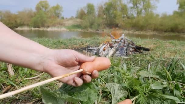 Sznurka kiełbaski na świeżych gałęzi na tle ogniska w plenerze — Wideo stockowe