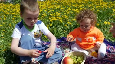 Bir bahar glade içinde dandelions ailesiyle birlikte mutlu çocuk.