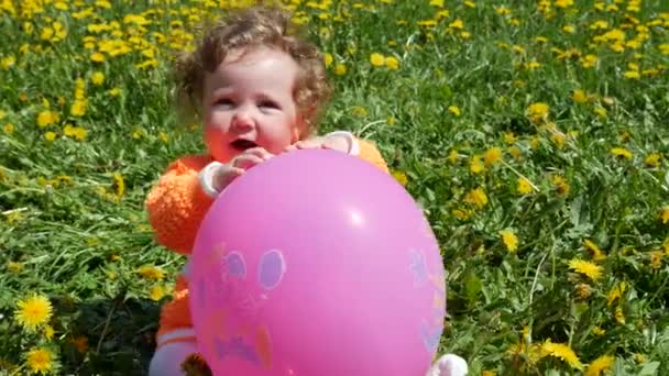 Criança feliz em uma clareira de primavera em dentes de leão com a sua família . — Vídeo de Stock