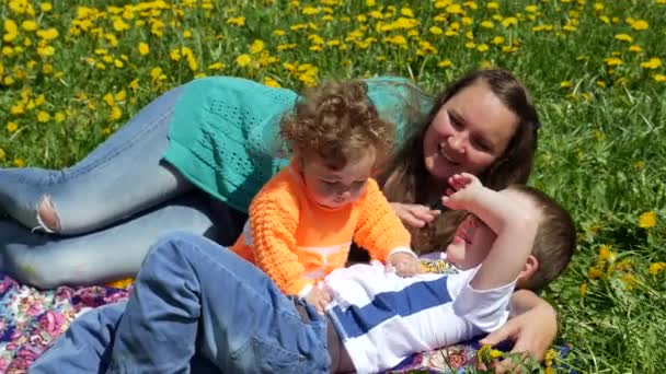 Niño feliz en un claro de primavera en dientes de león con su familia . — Vídeos de Stock