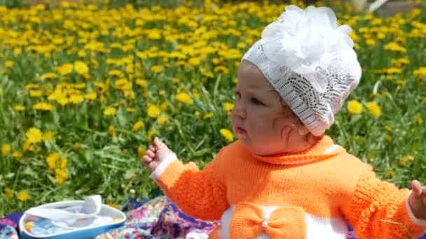 Gelukkig kind in een voorjaar-glade in paardebloemen met zijn gezin. — Stockvideo