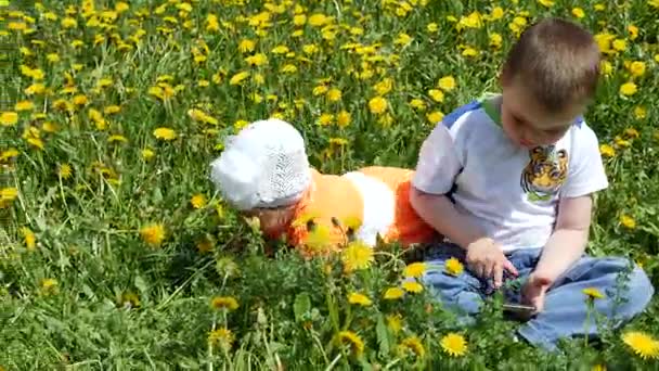 Niño feliz en un claro de primavera en dientes de león con su familia. Un niño pequeño con un teléfono se sienta en un claro verde con flores amarillas . — Vídeos de Stock
