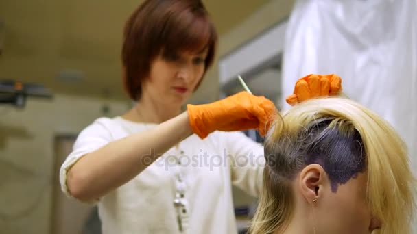 Stylista włosów sprawia, że Blondynka, farby do włosów farbowanie, korzeni włosów. — Wideo stockowe