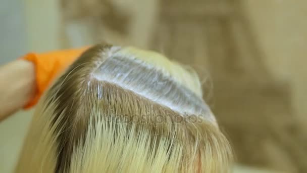 El estilista hace coloración del cabello, rubio, tiñe las raíces del cabello . — Vídeos de Stock