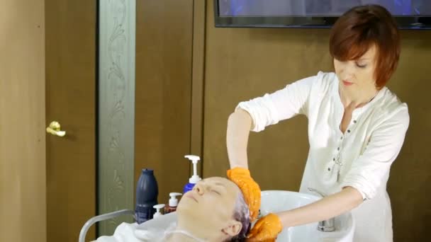 Öblítés a haj ügyfél egy szépségszalonban — Stock videók