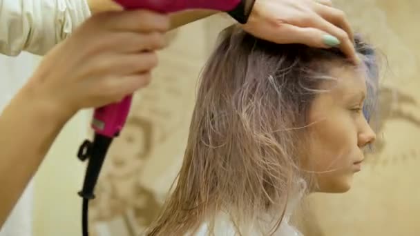 Styling μαλλιών τους πελάτες στο σαλόνι ομορφιάς, — Αρχείο Βίντεο