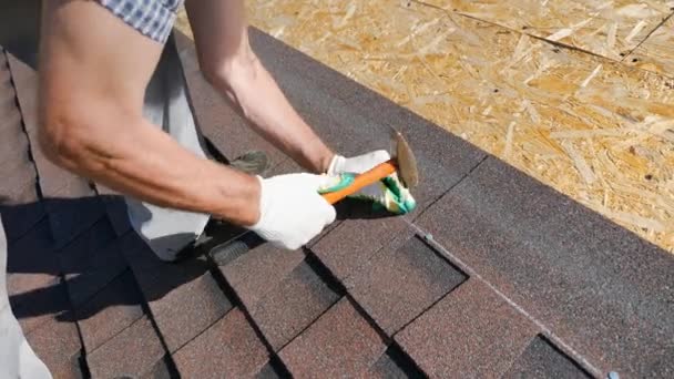 Construcción del tejado. Techo blando, tejas. Roofer. . — Vídeos de Stock