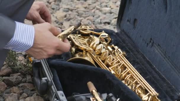 Un sassofonista suona il sassofono — Video Stock