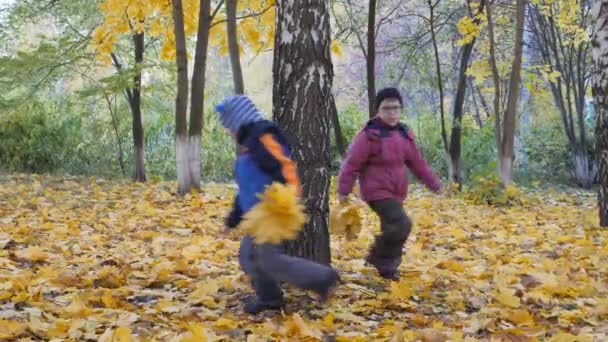 La période de l'année, l'automne. Enfants jouant dans la nature — Video