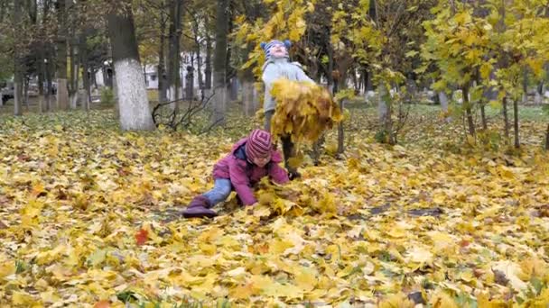 La période de l'année, l'automne. Enfants jouant dans la nature — Video