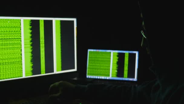 Hombre detrás del monitor de la computadora. Adicción a Internet Reflexión Hacker Crimen Gafas Navegación por la noche Código Ciberterrorismo Contraseña Hacking Uhd 4K — Vídeos de Stock
