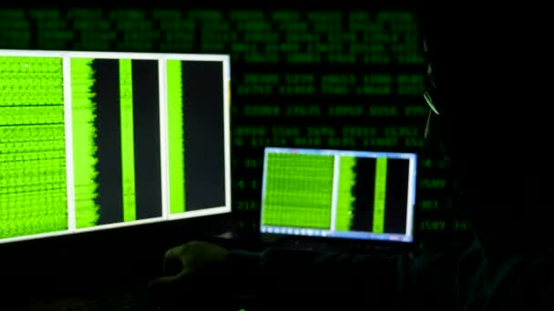 Hombre detrás del monitor de la computadora. Adicción a Internet Reflexión Hacker Crimen Gafas Navegación tarde Código de la noche Ciberterrorismo Contraseña Hacking Full hd 4K — Vídeos de Stock