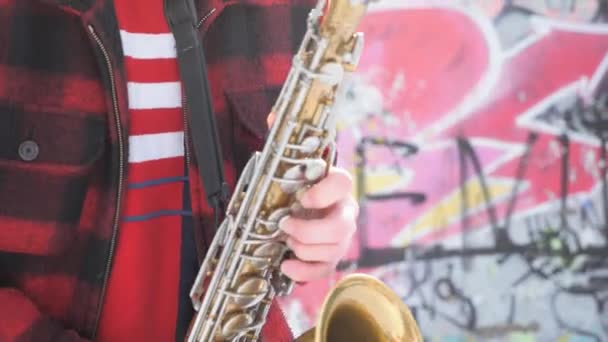 Saxophoniste joue du saxophone, en hiver — Video